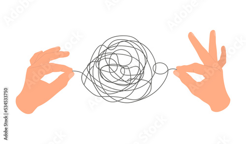 Psychotherapy concept. Hands untangling knot. Helping for stress, depression, emotions, psychological problems. Vector illustration of mental health isolated on white background.