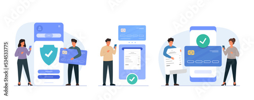 Vector illustration of online mobile banking and mobile payments. Security transaction and secure payment. People collection of scenes in flat design. photo