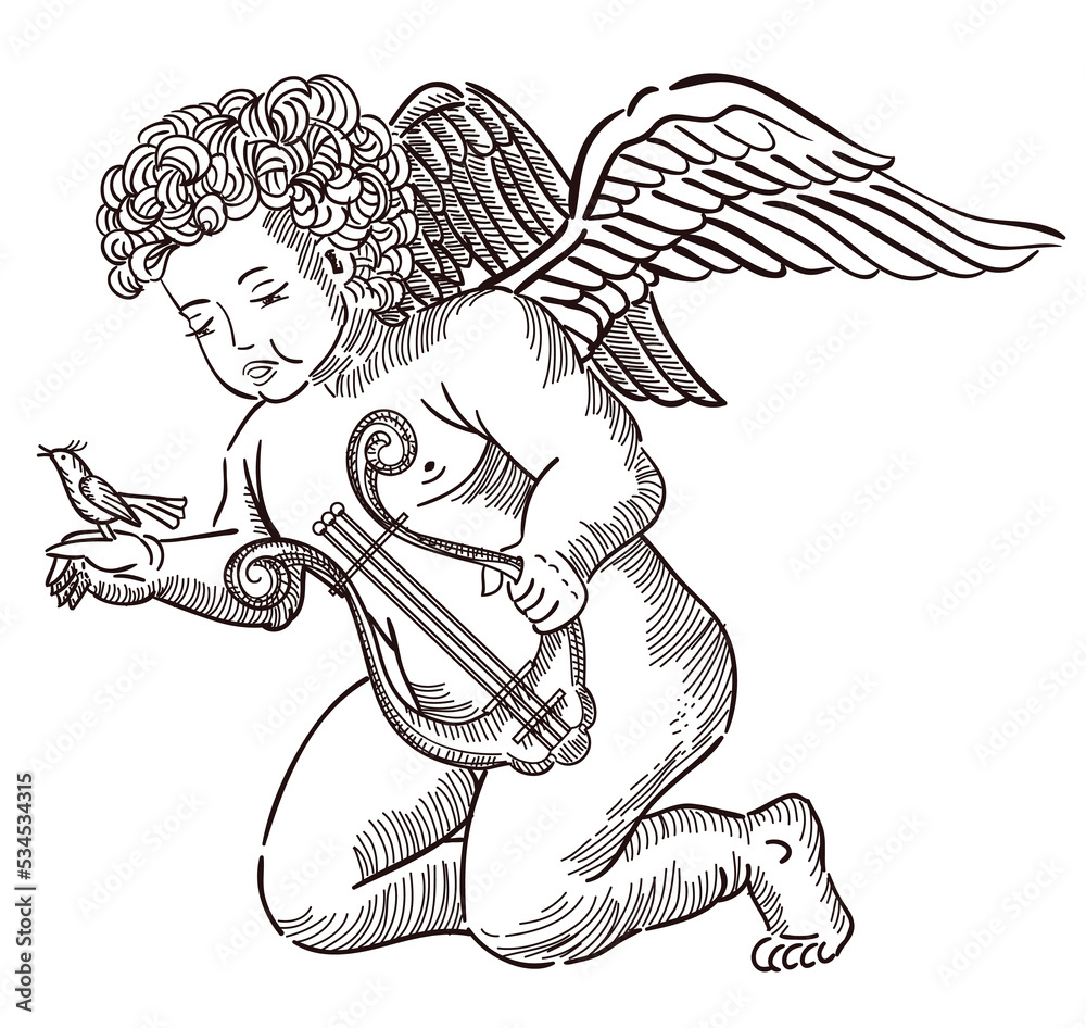 PNG transparent engraving of child cherub angel with wings, playing ...