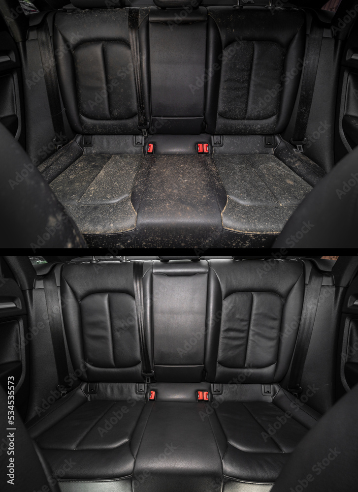 Before and after capital, detailed dry cleaning. Shine and purity. Car wash. Service. Luxury car inside. Interior of prestige modern car. Comfortable leather seats. Black leather. Dirt and fungus.