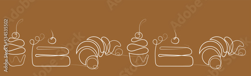  Croissant and cake. Fresh baking, for menu, cafe, bakery, logo, color and black and white illustration. delicious bread croissant bakery