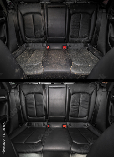 Before and after capital, detailed dry cleaning. Shine and purity. Car wash. Service. Luxury car inside. Interior of prestige modern car. Comfortable leather seats. Black leather. Dirt and fungus.