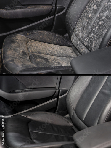 Before and after capital, detailed dry cleaning. Shine and purity. Car wash. Service. Luxury car inside. Interior of prestige modern car. Comfortable leather seats. Black leather. Dirt and fungus.