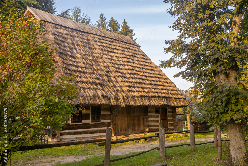 Traditional rural authentic Ukrainian wooden country house in Carpathians (museum restoration)