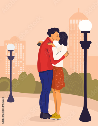 Vector romantic couple kissing and hugging in urban park. Man and woman in love, being close and affectionate. Autumn time dating concept.  
