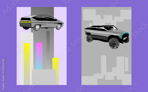 Car of the future. Stylish modern flyer. Poster sketch hand drawn art. Vector art illustration. 