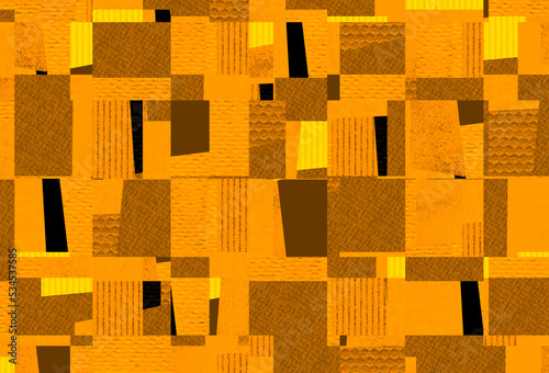 ややくすんだオレンジや茶色のバリエーションの大小の四角のパッチワーク風色面模様