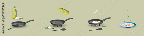 Scrambled eggs - step by step cooking instructions. Ingredients - chicken eggs, a bottle of vegetable oil, a frying pan, parsley. Cooking stages on a gas stove and a ready-made fried egg in a plate.