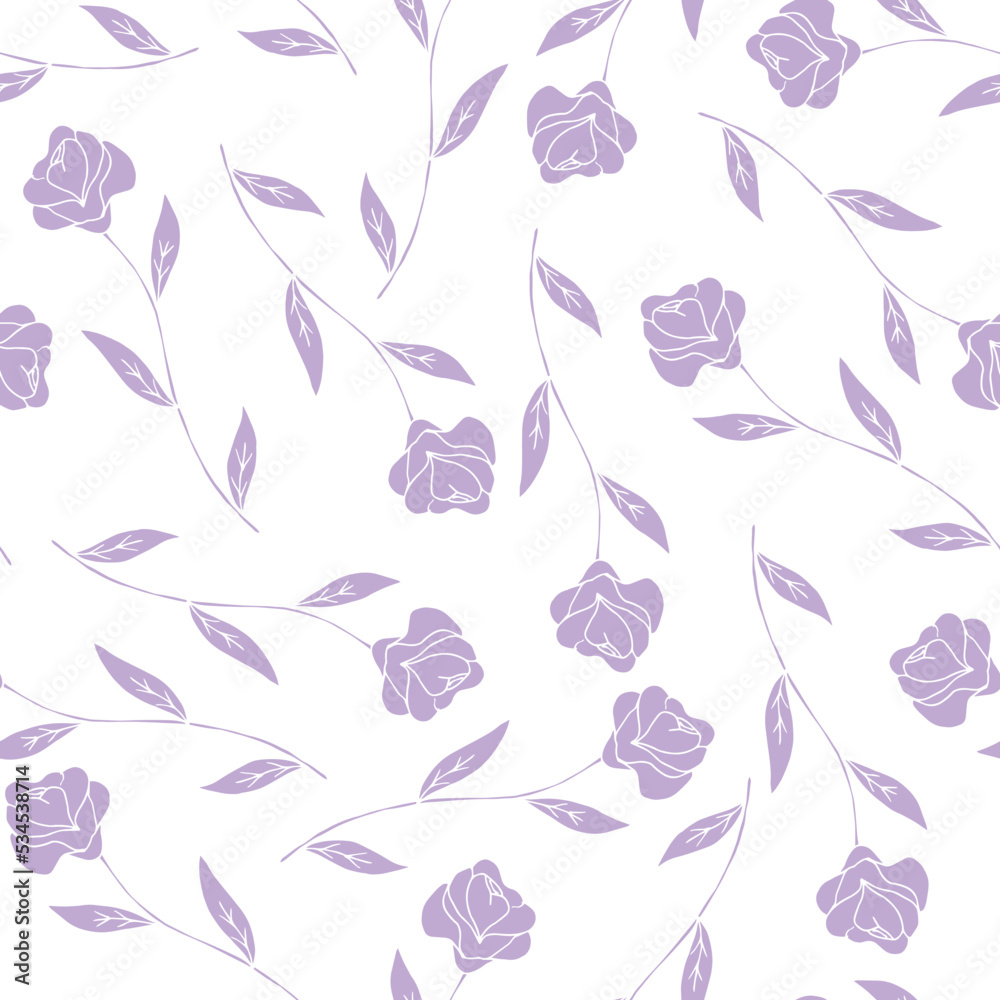 Fototapeta premium Purple hand drawn roses isolated on white background seamless pattern. Simple design. Tender botanical pattern