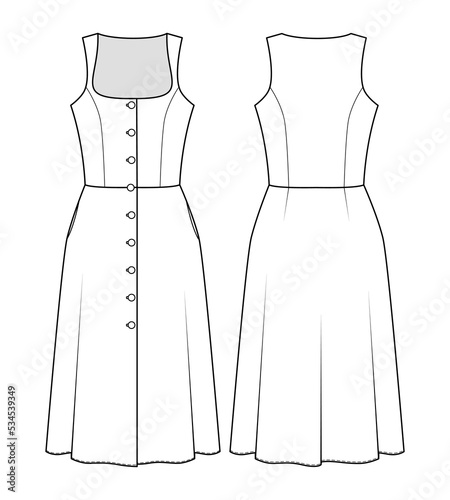 Fashion technical drawing of sleeveless front button dress with square neckline and flared skirt 