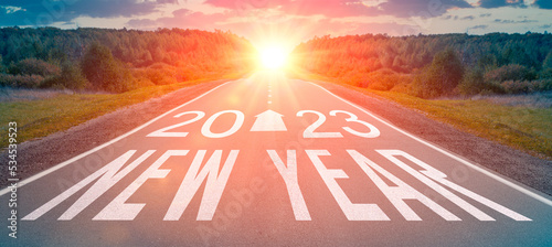 2023 new year road. Empty asphalt road and New year 2023 concept. New year 2023 on asphalt highway. business strategy, opportunity, hope and new life change.