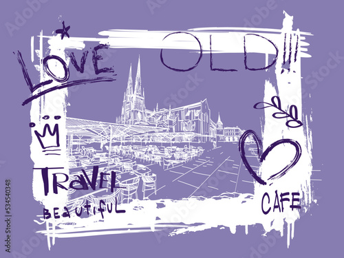 Paris city ​​in a beautiful stylish frame with text. Hand drawn sketch art. Vector illustration.