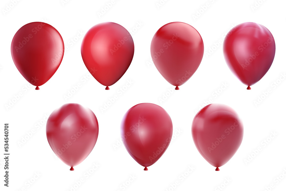 Set of realistic 3d red helium balloons isolated on white background. Collection minimalistic design elements for festive, birthday party, holiday decoration. Vector illustration.