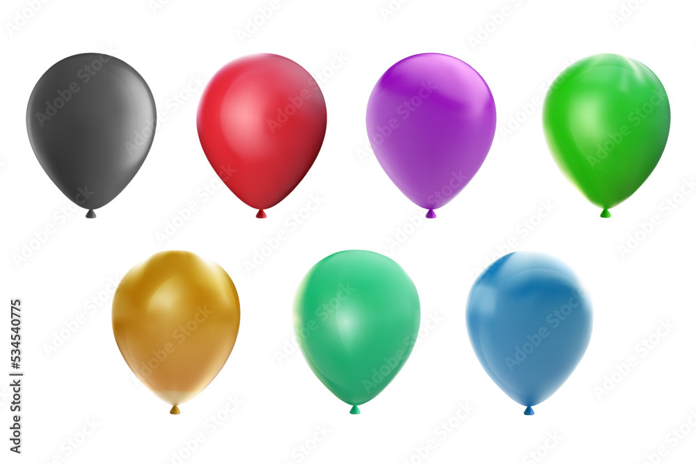 Set of realistic 3d colorful helium balloons isolated on white background. Collection minimalistic design elements for festive, birthday party, holiday decoration. Vector illustration.