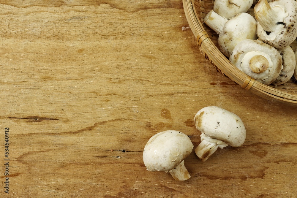 Champignon mushrooms on wood background Champignon mushrooms on wood background