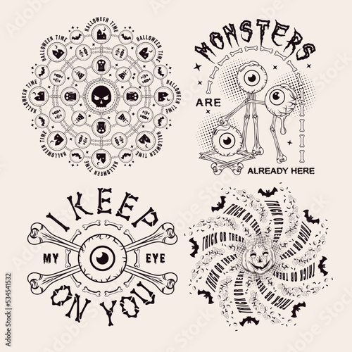 Set of halloween vintage labels with monsters, eyeballs, bones, pumpkin, candy, silhouette of skull, round halftone shapes, text. Monochrome creative illustration on a white background