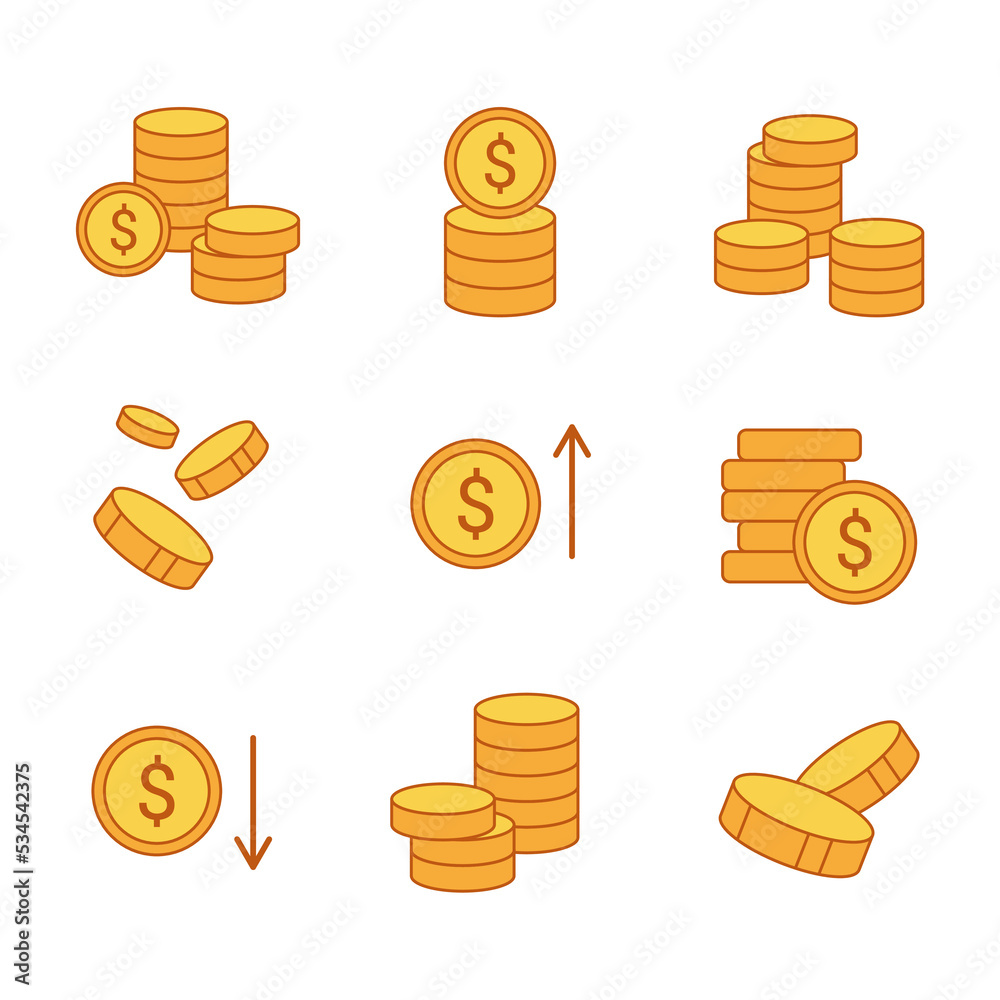 Set of money icon. Modern flat with line style dollar coins icon with editable stroke