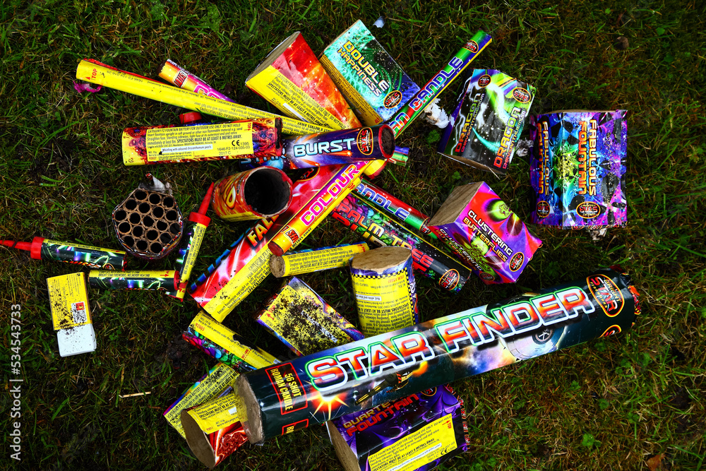 Heap of used burnt firework shells left over from a bonfire night ...