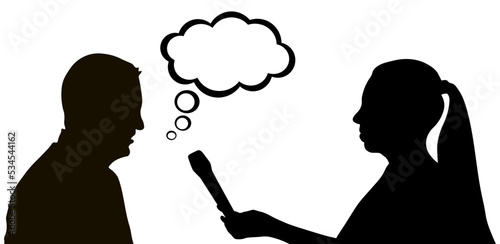 Silhouette of female journalist interviewing  man. Vector illustration