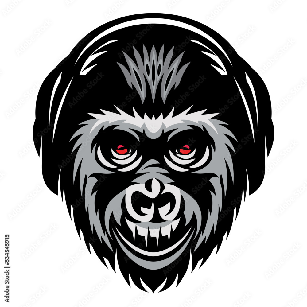Monkey head template with headphones, smile and red eyes. Vector color illustration