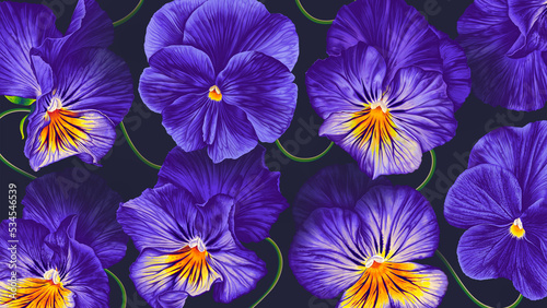 Large floral background with dark purple  blue flowers Pansies  Viola on dark background in desktop wallpaper for computer  tablet  cell phone  social media cover. Realistic highly detailed vector