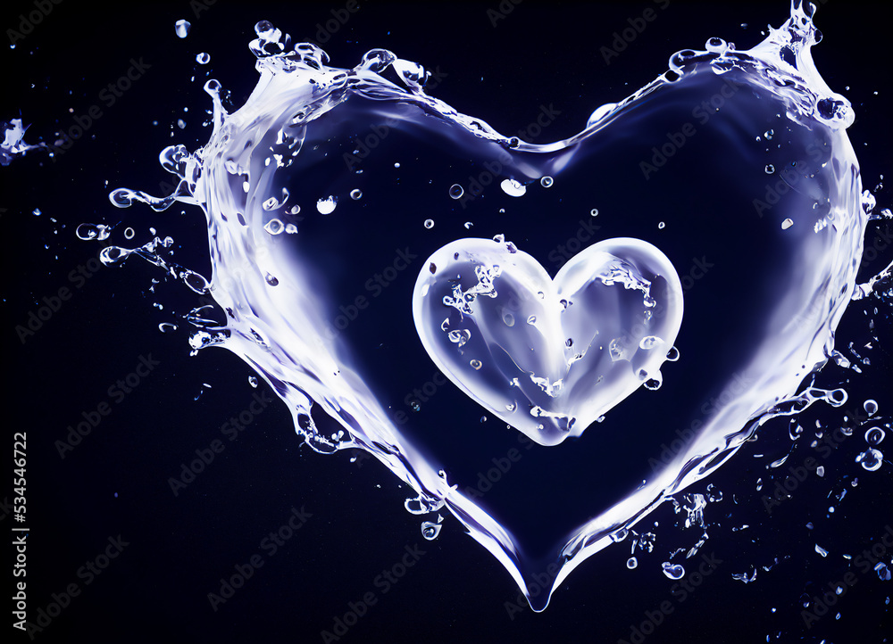Beautiful heart made of water bubbles in a splash on a black background, minimalist, for freeze frame on the love of a couple, 3D illustration