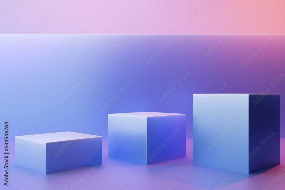Three cubic pedestals on a pink and blue background, 3d render Three cubic pedestals on a pink and blue background, 3d render