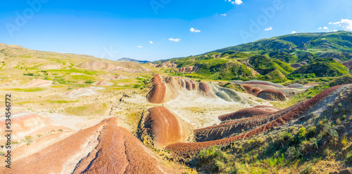 Panoramic wide angle view of unique colorful land structures 
