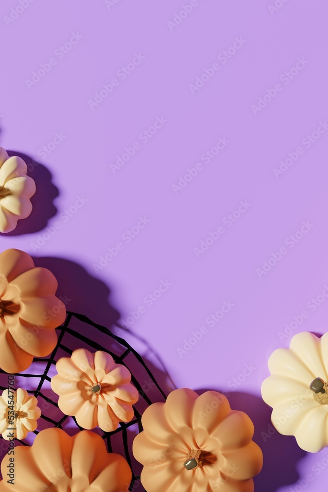 Obraz premium 3d render of orange pumpkins flat lay on a purple background with spider web and copy space