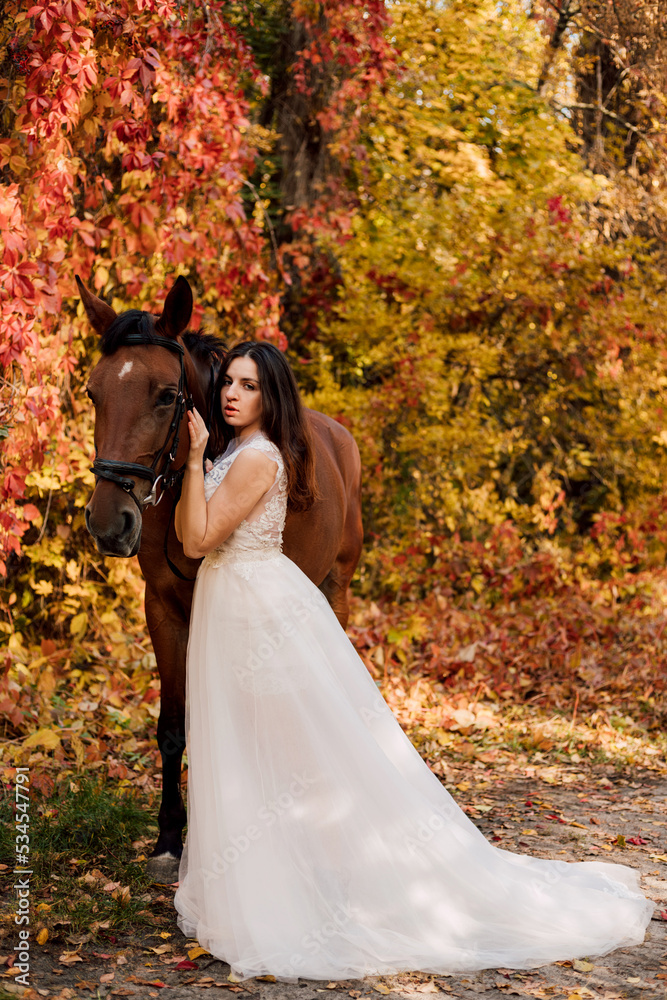 Beautiful Brunette Girl Bride With Horse Autumn Forest Wedding Dress