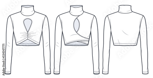 Women's Roll Neck Top, technical fashion illustration. Girl's Crop Top fashion flat technical drawing template, roll neck, long sleeve, cutouts, slim fit, wrapped, front, back view, white, CAD mocup.