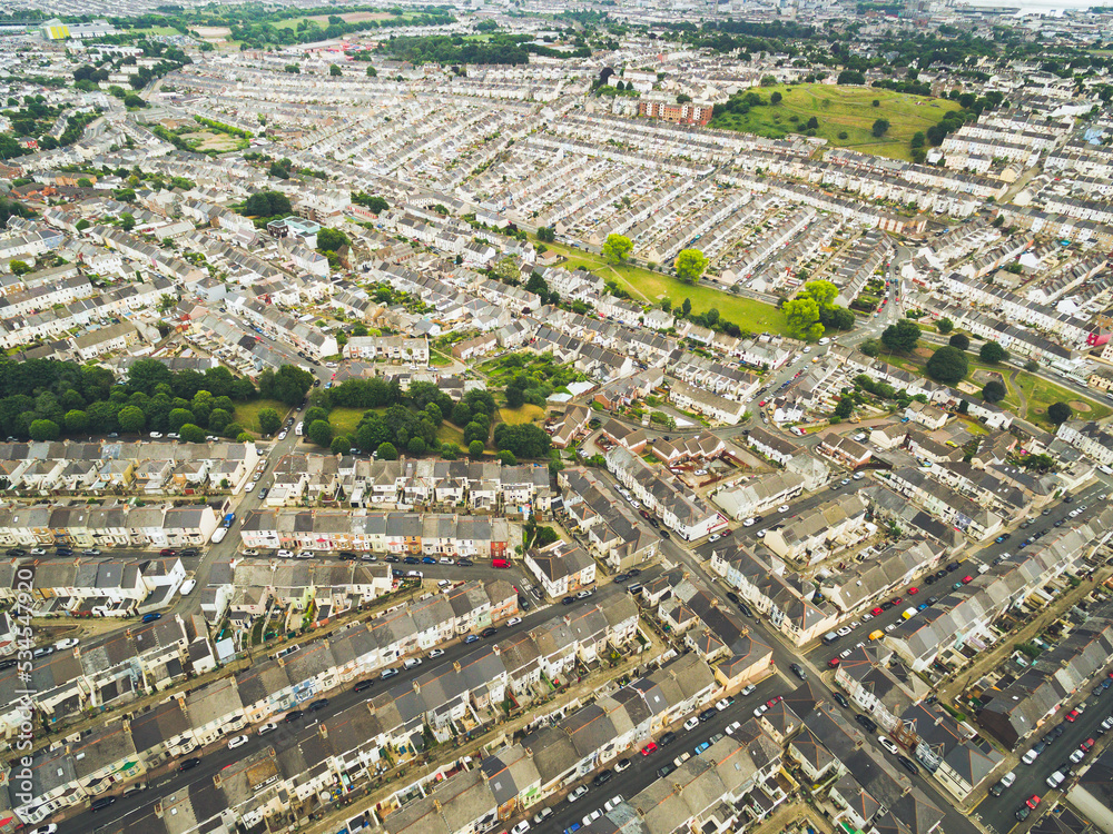 Aerial view symmetrical house lines in neighborhood of Plymouth in England