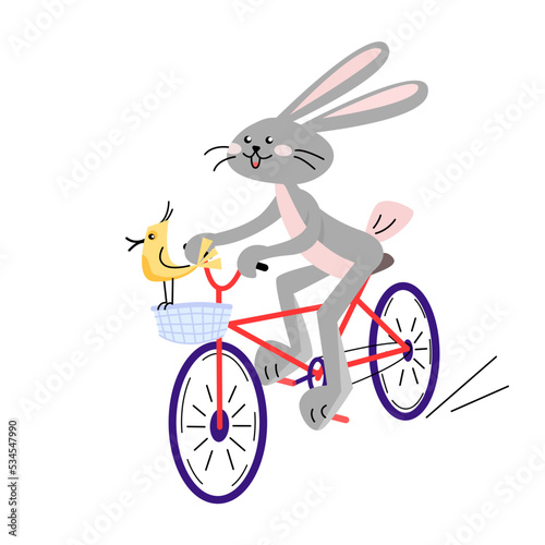 Happy rabbit and bird ride a bike . Vector isolated colorful illustration in flat style. 