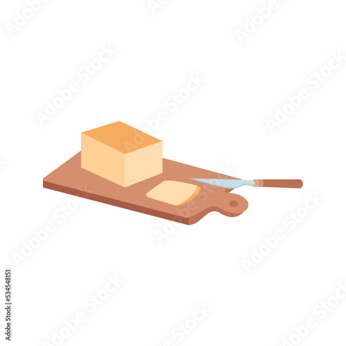 Isometric illustration of flat cutting board, slice of bread with kitchen knife. Slices of bread on a wooden board, design on a white background