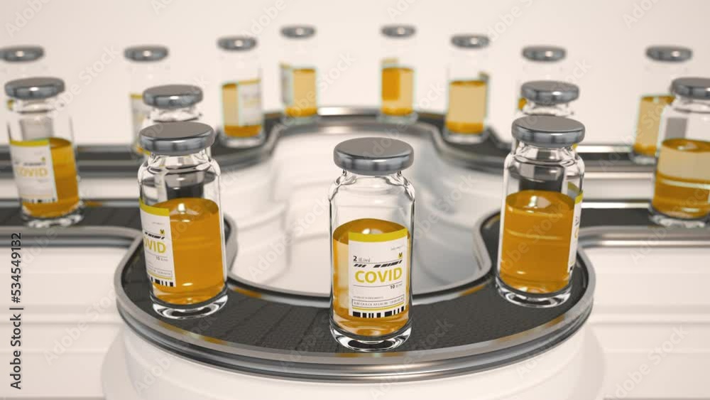 COVID 19 coronavirus vaccine ampules or bottles development. Pharmaceutical production line, manufacturing row, belt or conveyor. Pharmacy factory. Laboratory research. Orange liquid in an ampoule COVID 19 coronavirus vaccine ampules or bottles development. Pharmaceutical production line, manufacturing row, belt or conveyor. Pharmacy factory. Laboratory research. Orange liquid in an ampoule