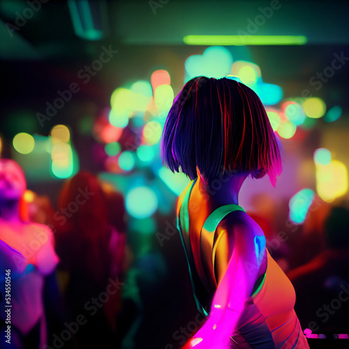 Illustration of a lady s night out at a local club or bar with impressive lighting  bokeh  and neon glow effects. The imagery may be interpreted as a scene taking place in the future.