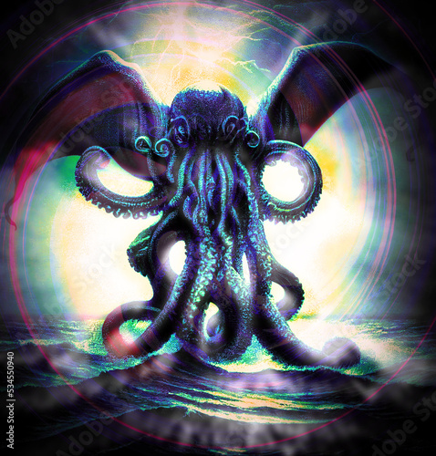 Illustration of Cthulhu mind control or of a Mind Flayer type creature causing confusion and hysteria