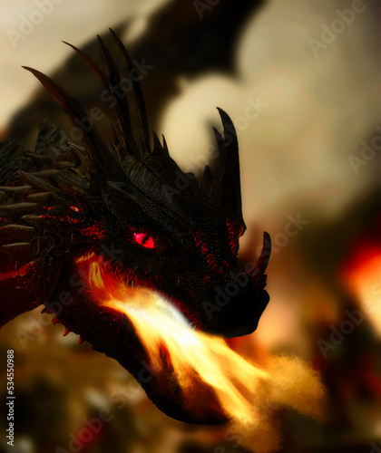 Illustration of a fire breathing dragon in flight
