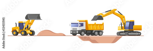 Construction site. Set of building machines. Construction equipment and machinery - excavator, truck, loader. Vector illustrations.