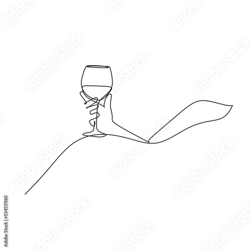 Woman with wine glass line draw. Drawing with one continuous line. Linear glamor logo in a minimalistic style for a wine label.