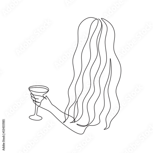 Woman with wine glass line draw. Drawing with one continuous line. Linear glamor logo in a minimalistic style for a wine label.