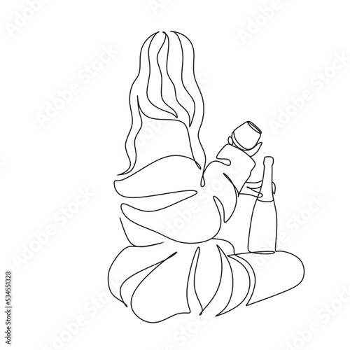 Woman with wine glass line draw. Drawing with one continuous line. Linear glamor logo in a minimalistic style for a wine label.