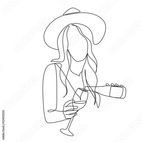 Woman with wine glass line draw. Drawing with one continuous line. Linear glamor logo in a minimalistic style for a wine label.