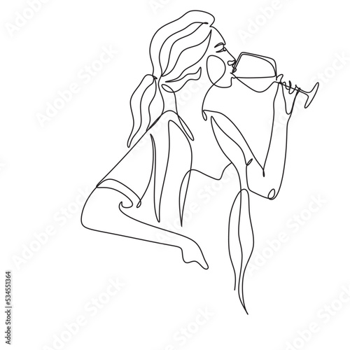 Woman with wine glass line draw. Drawing with one continuous line. Linear glamor logo in a minimalistic style for a wine label.