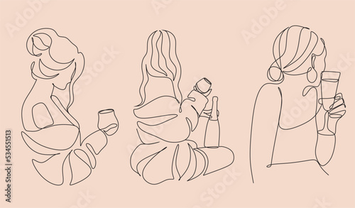Girl drinks wine or champagne from a glass. Linear silhouette of a woman with a glass goblet. Drawing in one continuous line. Linear glamour logo in minimal for wine label.