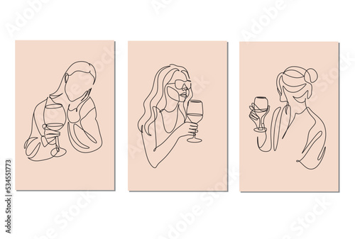 Set of 3 art poster of Woman with wine glass line art. Girl drinks wine or champagne from a glass. Linear silhouette of a woman with a glass goblet. Drawing in one continuous line. Minimalist logo