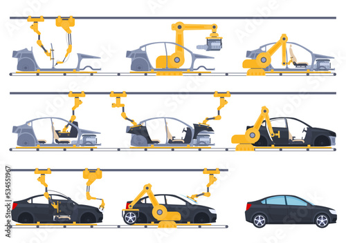 Automobile factory. Robotic intelligent conveyor for the production of cars. Vector illustration