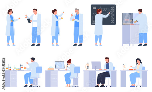 Staff of academic scientists. Conducting pharmaceutical research with scientific equipment. Biological chemical experiments. Vector illustration