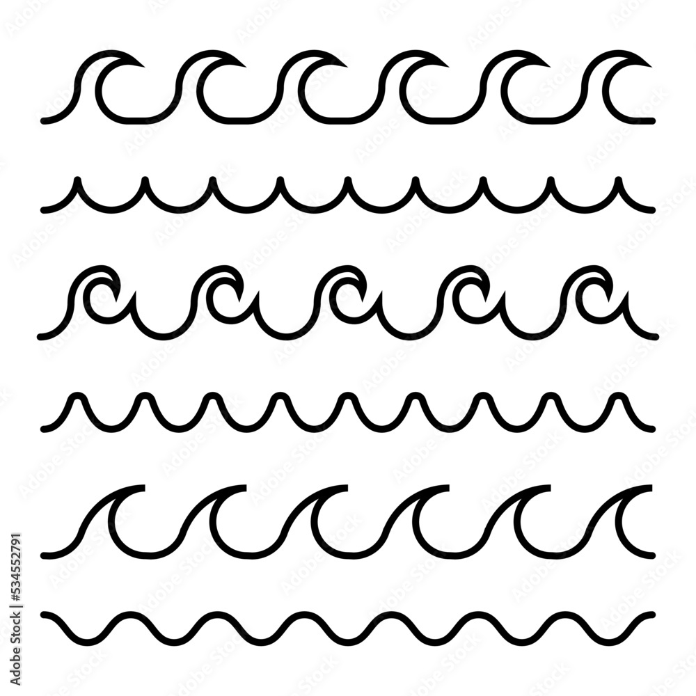 Olas de mar. Líneas de ondas de mar de diferentes estilos. Ilustración vectorial