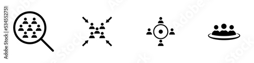 Conjunto de icono de búsqueda de personas, punto de encuentro, punto de reunión, trabajo en equipo. Evacuación. Ilustración vectorial photo
